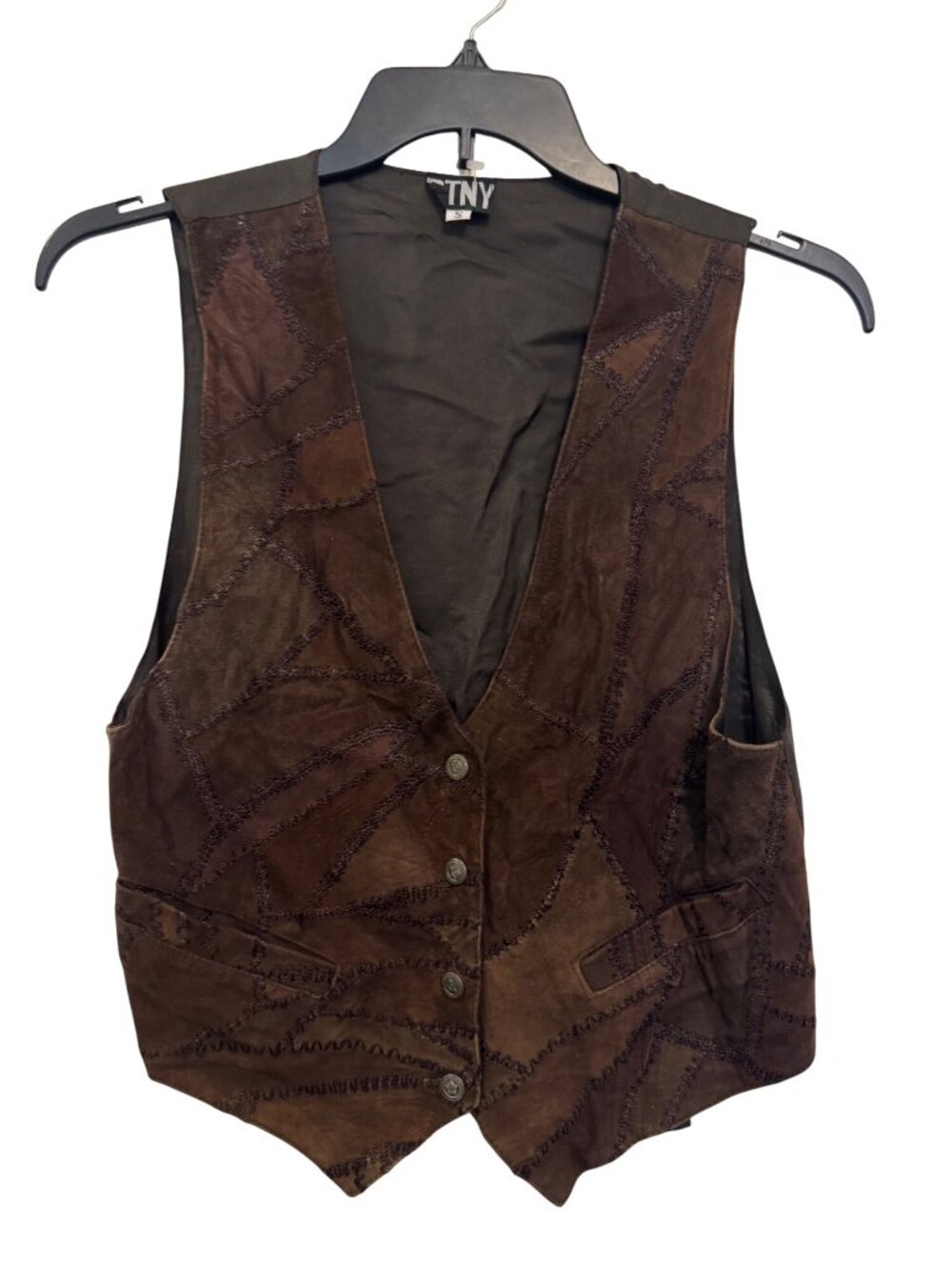 Vintage TNY Brown Patchwork Vest Womens Small Boho Style 100% Real Leather